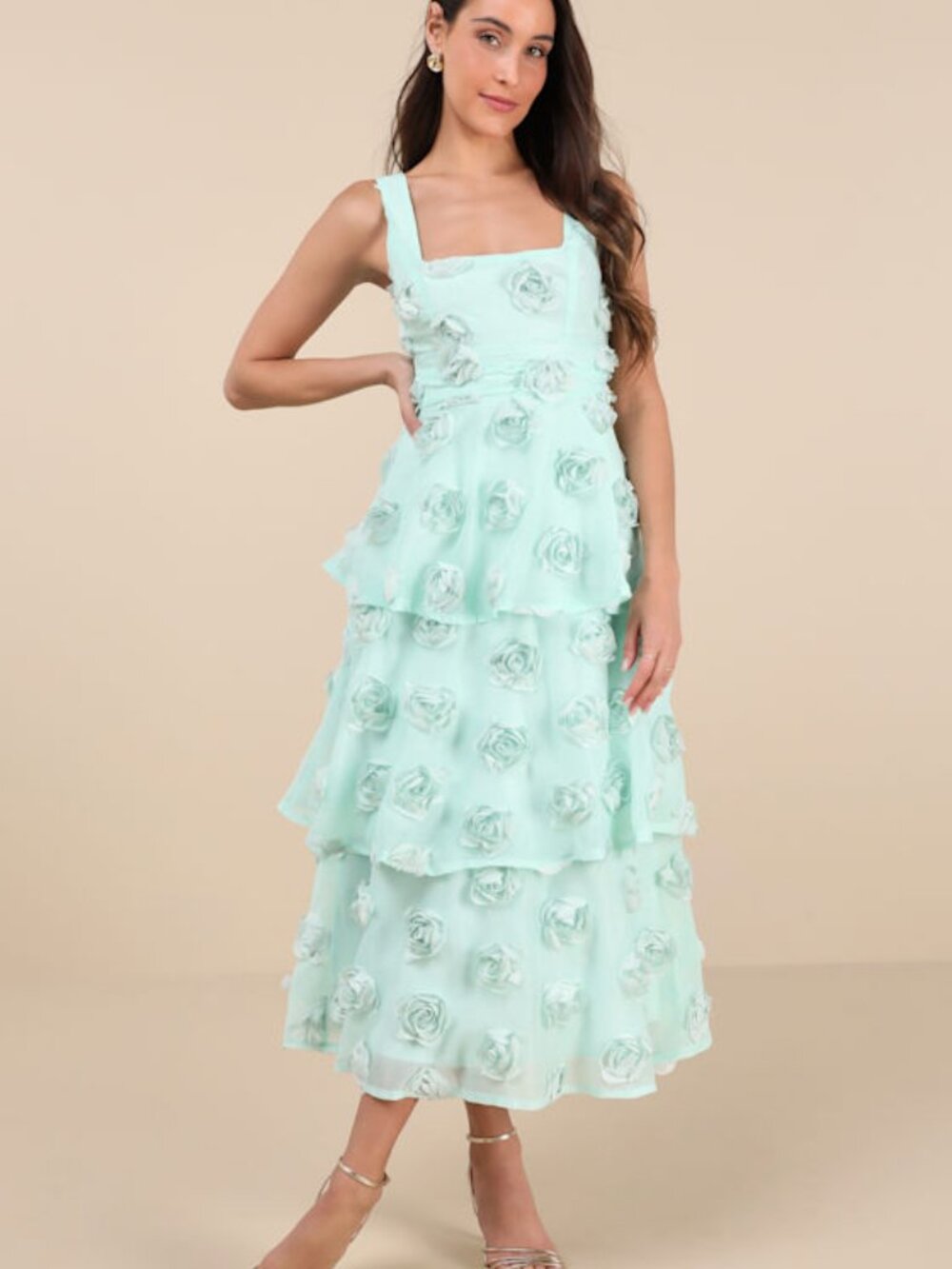 Lulus Exceptional Entrance Mint Sleeveless Tiered Rosette Midi Dress Blue